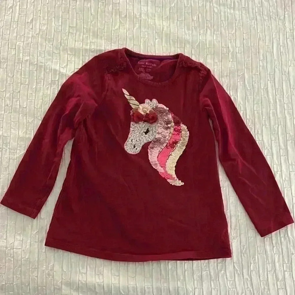 Issac Mizrahi Girls unicorn Shirt Size M (5-6) cranberry color with sequins - Picture 4 of 6